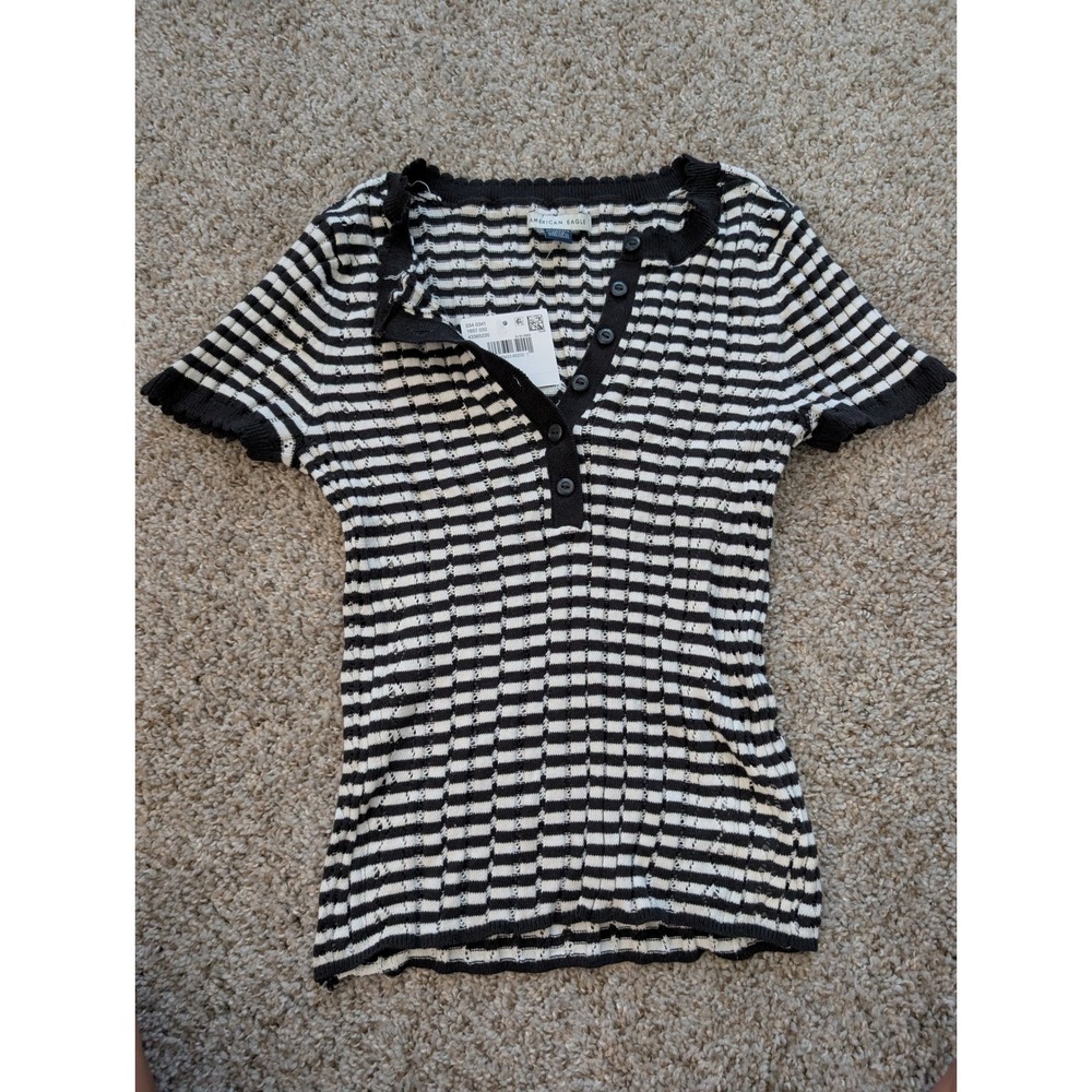 American Eagle Womens XS Striped Pointelle Henley Short Sleeve Top Black‎ White